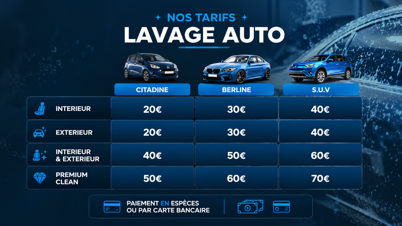 Tableau des tarifs lavage auto Clean Auto RM